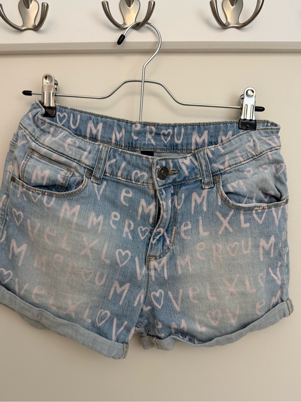 United Colors Of Benetton Light Blue Denim Shorts with Pink Heart Print